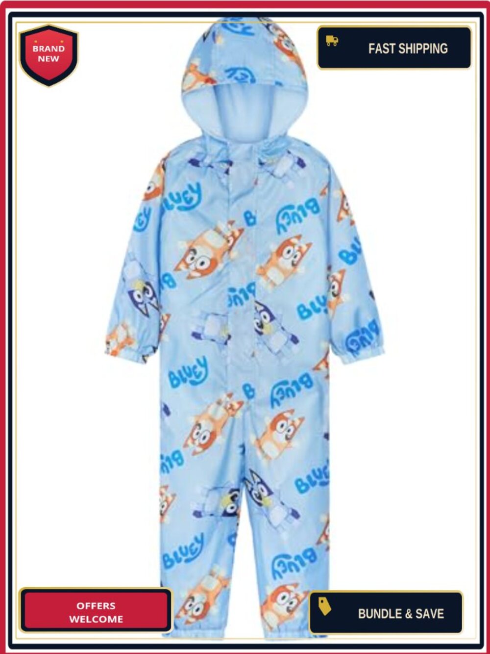 Girls Waterproof Rain Suit Fleece Lined Hooded Jacket Bluey